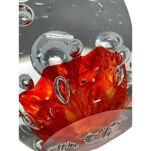 Handcrafted Clear Orange Glass Paperweight Art Piece Bubbles 3” Sphere - Picture 6 of 6